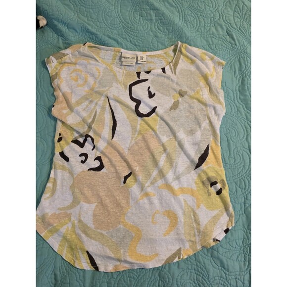 Rachel Zoe Top‎ Womens Size Medium Yellow Floral Short Sleeve 100% Linen Top - Picture 1 of 6